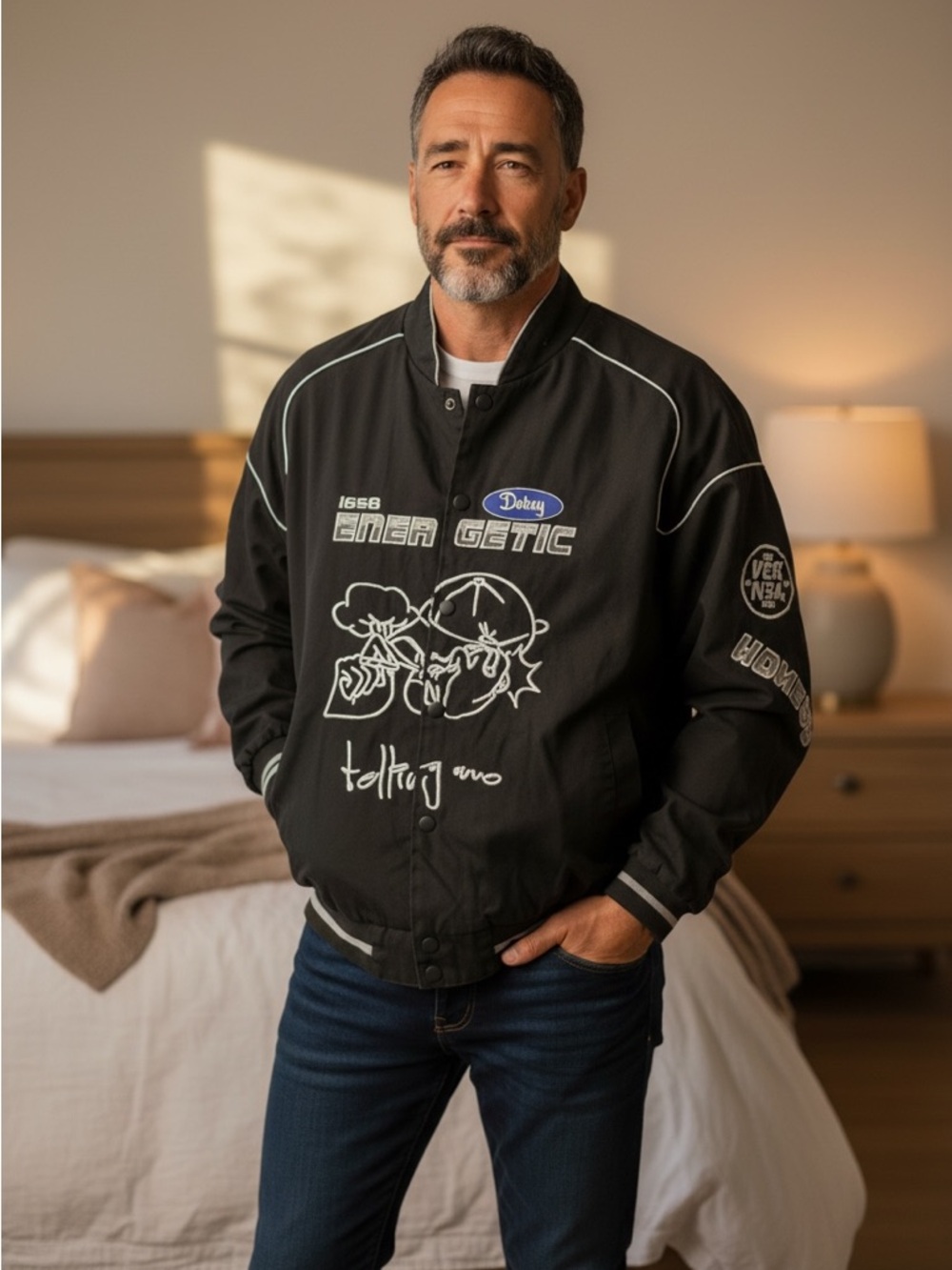 Men's Black Graphic Bomber Jacket with White Embroidery
